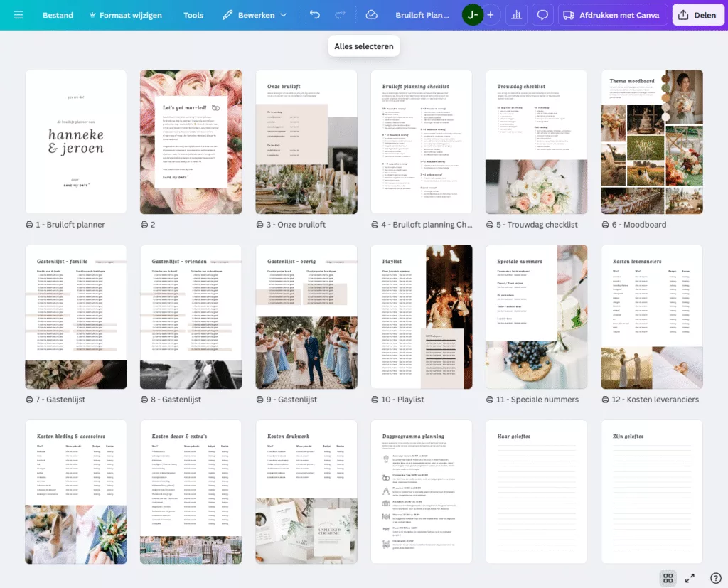 bruiloft planner voor canva